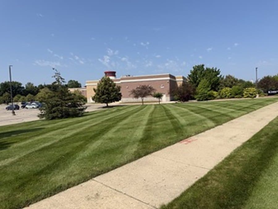 Striped lawn running along the sidewalk of a commercial building